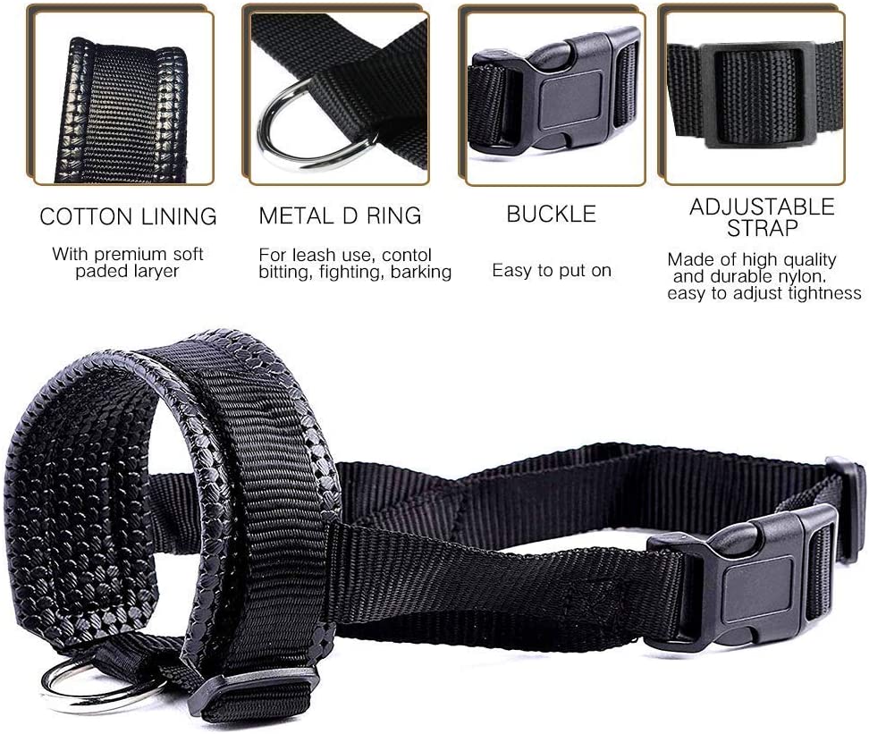  Bello Luna Bucle de Boca para Perro de Nylon con Relleno Extra Suave Cubierta para la Boca del Perro Evita Que muerda, ladre y mastique - L/Negro 