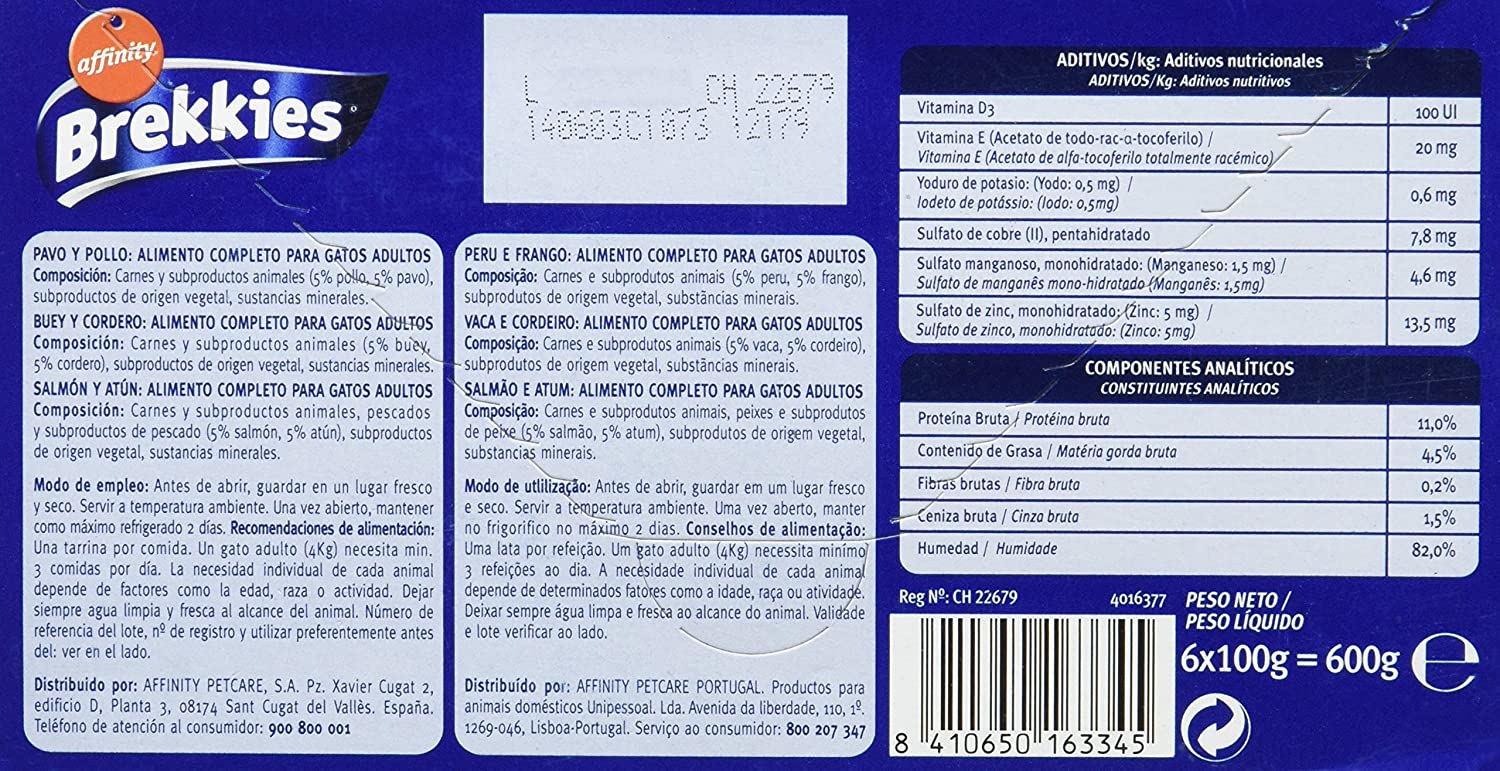  Brekkies Comida Húmeda para Gato con 3 Variedades de Sabores - Paquete de 5 x 600 gr - Total: 3000 gr 