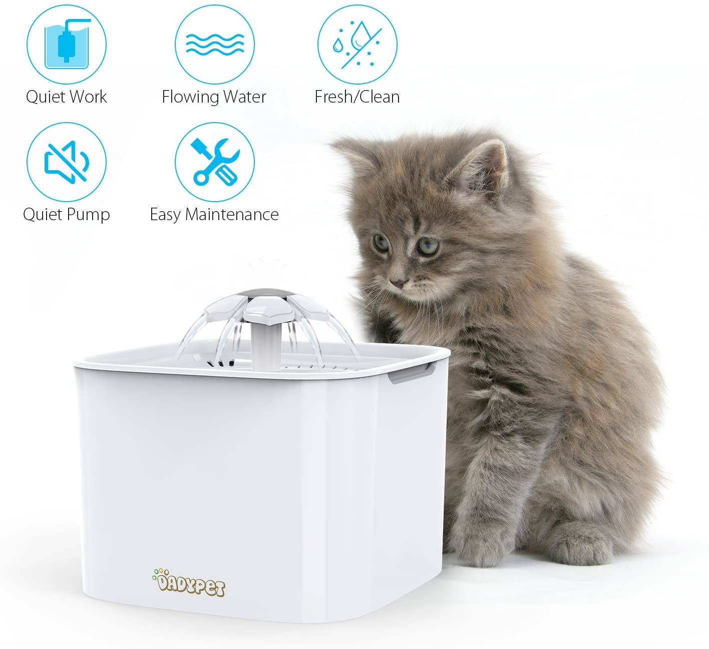  DADYPET Bebedero Gatos, Fuente silencioso para Gatos 2L Bebedero Automático Fuente de Agua para Mascotas Gatos Perros 3 Modos Ajustable con 2 Filtros de Carbón Activado (Blanco) 