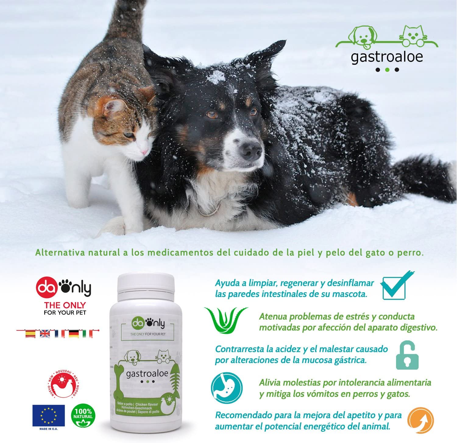  DAONLY Salud gastrointestinal para tu Mascota, indicado para intestino Irritable, Gusanos intestinales, Alternativa Natural a los medicamentos para Perros, Aloe Vera para Gatos y Perros (Sabor Pollo) 