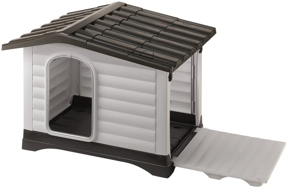  Ferplast Caseta para perros de exterior DOGVILLA 90, Pared lateral abatible, Sistema de drenaje de líquidos, Rejilla de ventilación, Puerta con perfil de aluminio, 88 x 72 x h 65 cm 