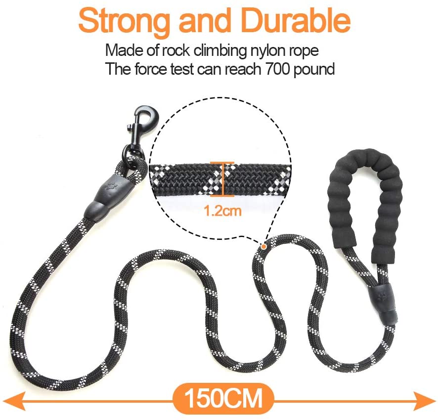  Litthing Correas para Perros Nylon con Mango Acolchado Ajustable Negro Sólido Reflectante 150 cm para Perros Grandes o Medianos Adecuado para Correr Senderismo Correr (Negro A+) 