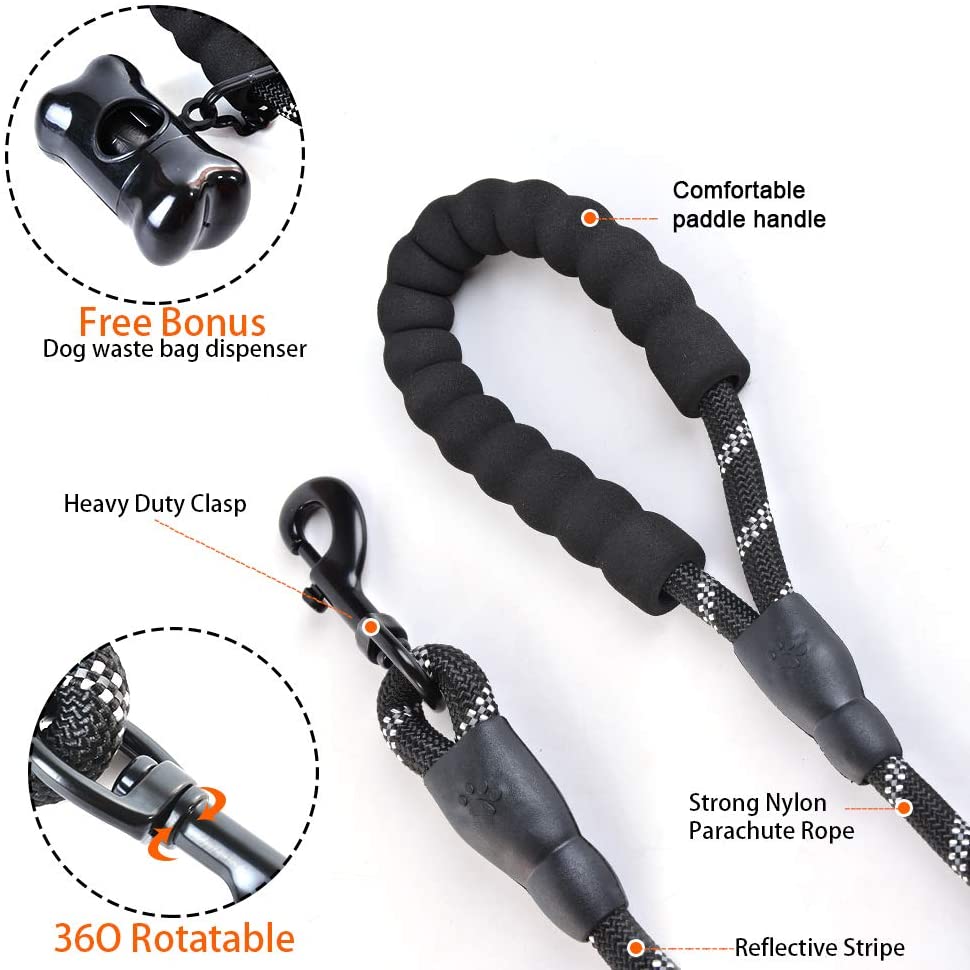  Litthing Correas para Perros Nylon con Mango Acolchado Ajustable Negro Sólido Reflectante 150 cm para Perros Grandes o Medianos Adecuado para Correr Senderismo Correr (Negro A+) 