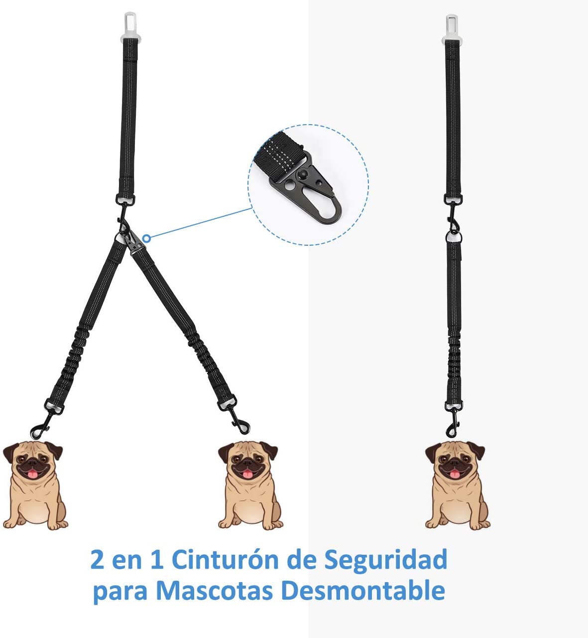  OMORC Cinturón de Seguridad de Coche para Perros, Desmontable 2 en 1, Arnés del Cinturón Elástico a Prueba de Golpes, 32.5-71.1-83.8cm, Cinta Reflectante, Universal para la Mayoría de los Automóviles 