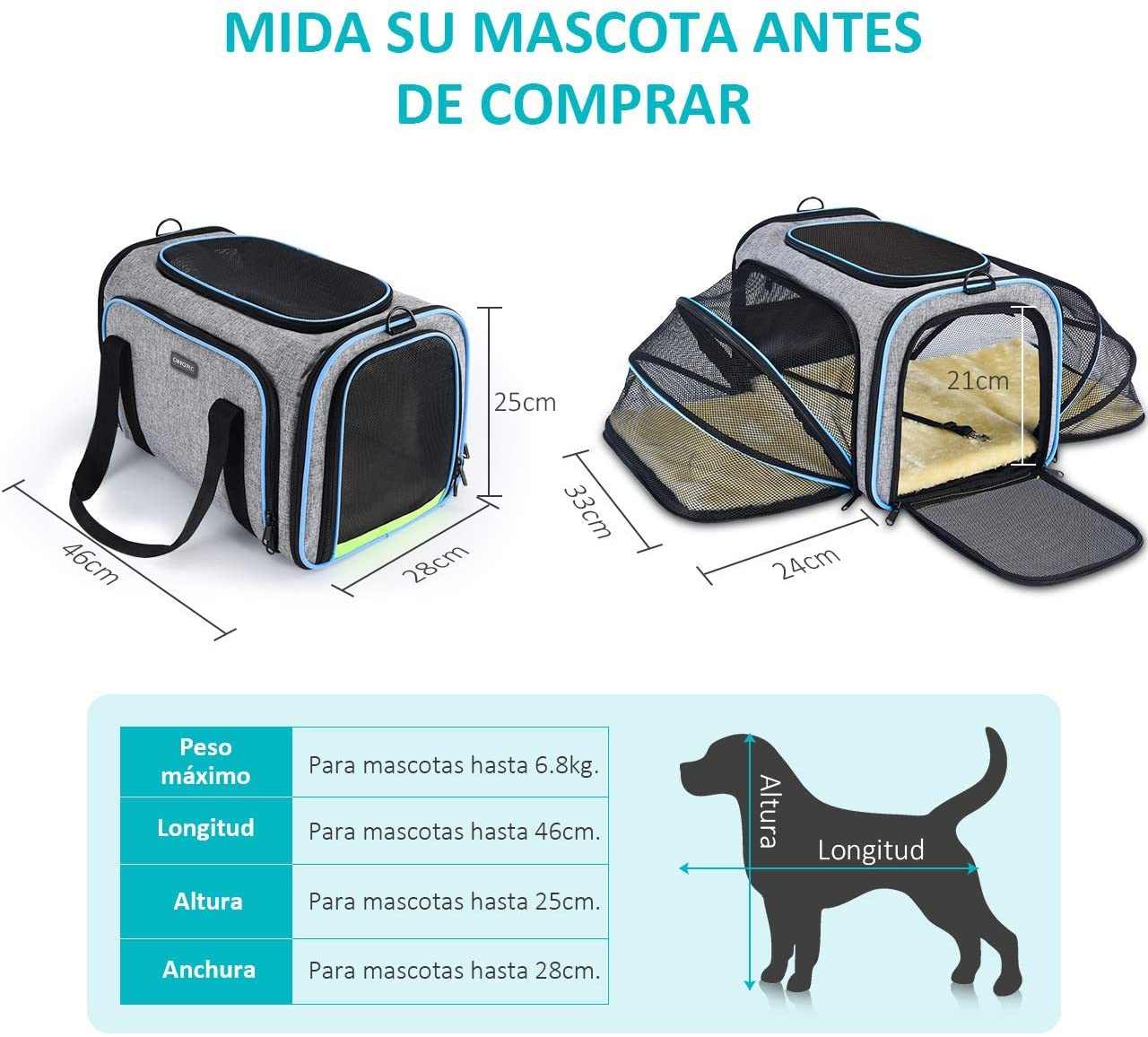  OMORC Transportin Gato Perro, Bolsa de Transporte Transpirable para Mascotas, Estructura Sólida Fácil de Almacenamiento y Espaciosa, 76*46*25CM, Cómodo Bolso para Transporte en Tren, Coche, Avión 