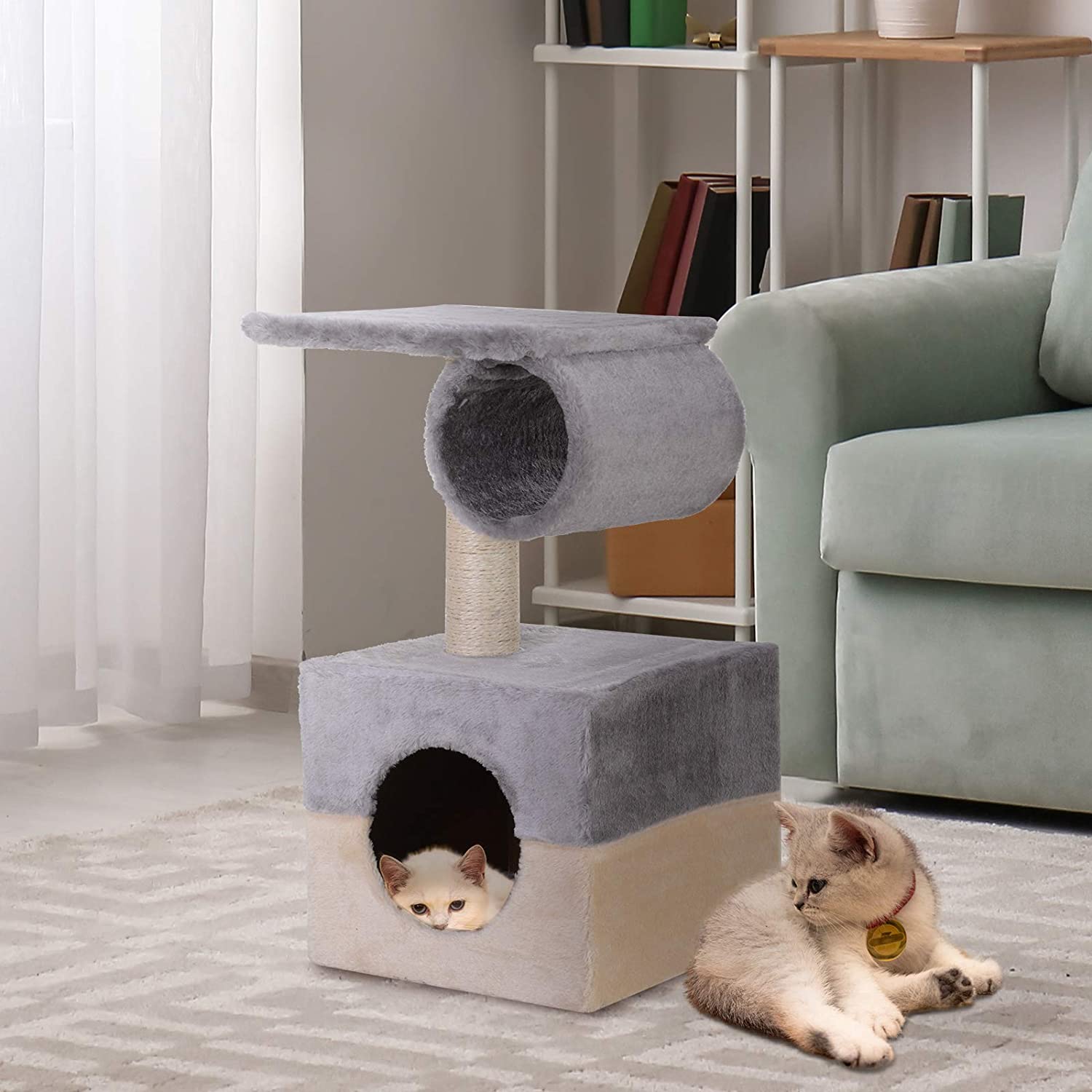  PawHut Rascador Árbol para Gatos Poste Centro 31x31x58cm Arañar Dormir Jugar Felpa Casa Cama 