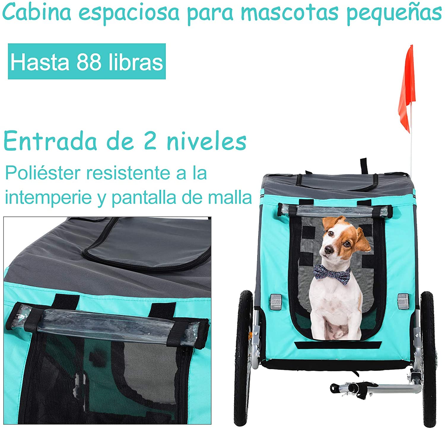  Pawhut Remolque Bicicleta Perros Mascota con Anillo Bandera Reflector de Seguridad Remolque Bici Cabina 78x55x65cm 