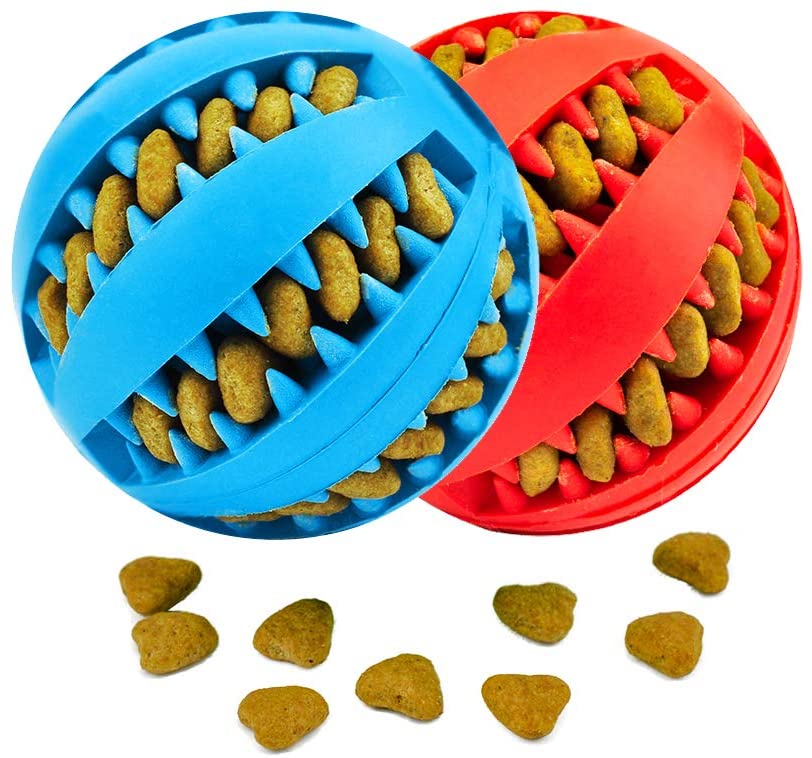  Pelota para Perros, Bolas Juguetes Interactivos para Morder Perro Gato Pelotas, Bolas de Goma Pelota Elástica Entrenamiento Perro no tóxica - 2 Unidades Rojo y Azul 