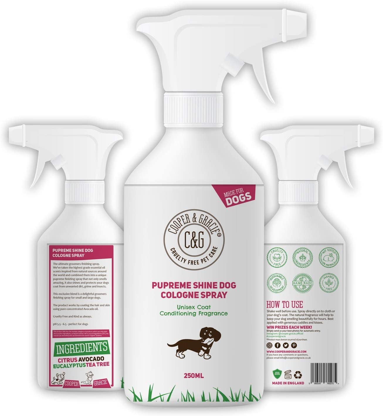  Perfume Pupreme Shine para perros, 250 ml, hojas de pelo de cachorro, súper brillante, una gran colonia hipoalergénica para perros de larga duración, aceites esenciales con cítricos eucalipto 