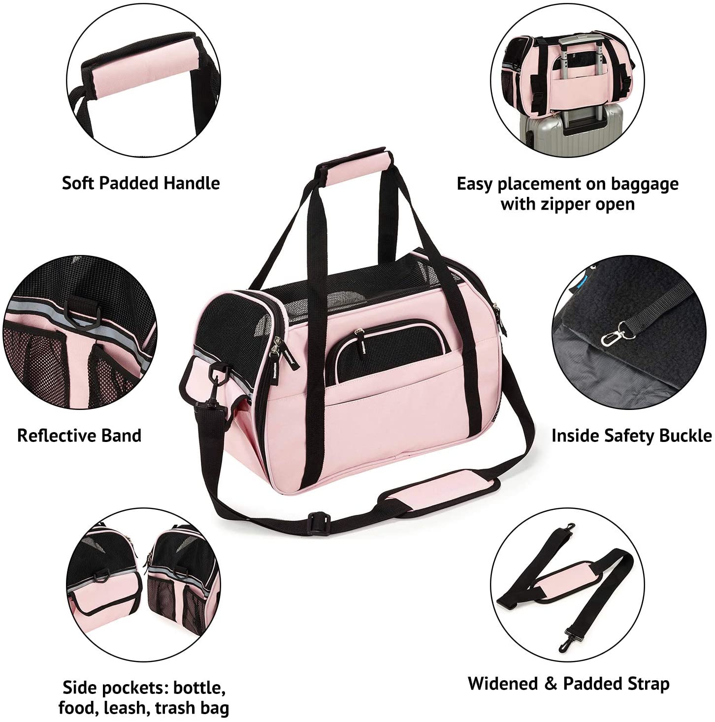  Petcomer Transportín para Perros Y Gatos Portador del Mascota Bolsa de Malla Transpirable de Viaje Bolso de Hombro(Rosa, M 43x23x29 cm) 