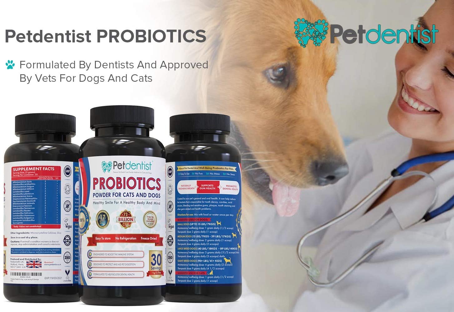  Petdentist polvo probiótico para perros y gatos con 17 cepas bacterianas beneficiosas Ayuda a la inmunidad a la digestión La salud dental incluye 73 millones de bacterias buenas por porción 