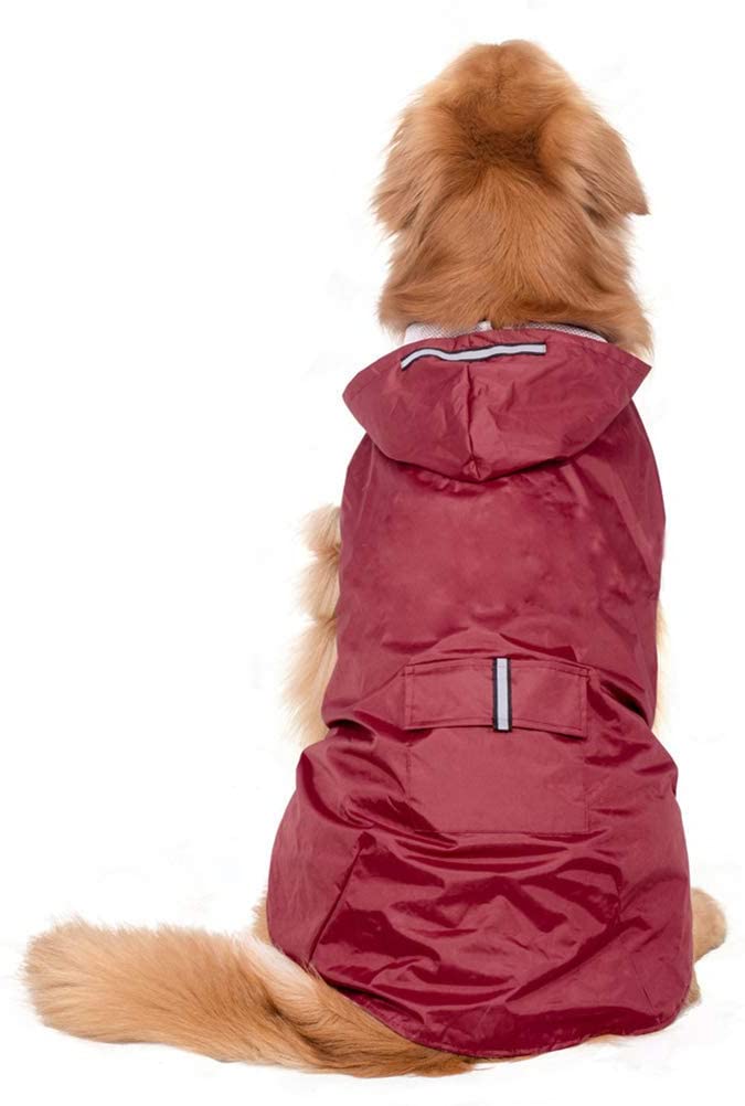  POPETPOP Chubasquero con Capucha para Perros Medianos y Grandes, Sudaderas Impermeable, Agujero para Arnés, Tira Reflectante, Bolsillos (Rojo, 4XL) 