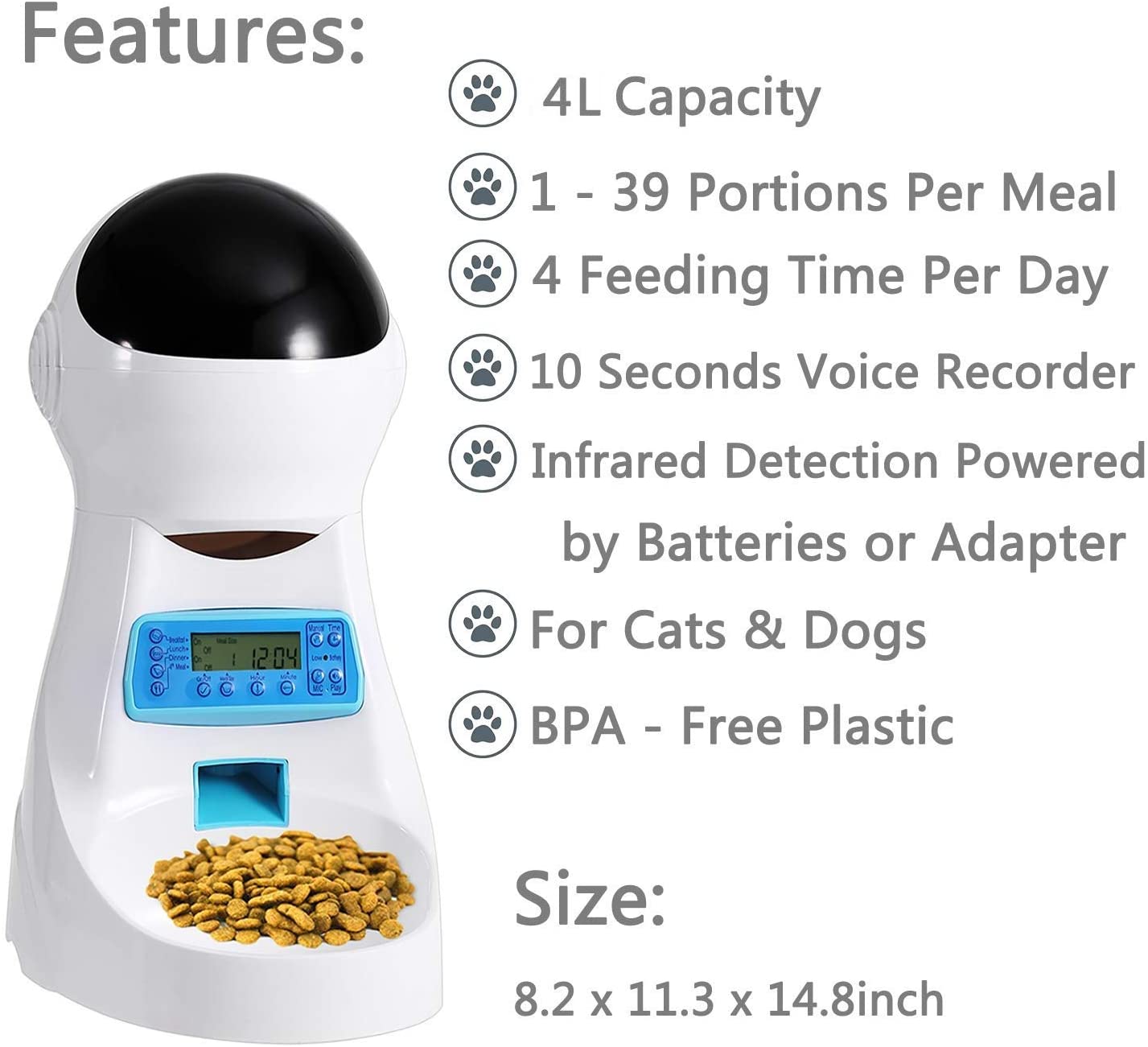  Sailnovo Dispensador Automático 4L de 4 Comidas Diarias para Mascotas Perros y Gatos, Comedero Automático con Grabación de Voz, Temporizador, Detección de Infrarrojos, Consumo de Energía Bajo 