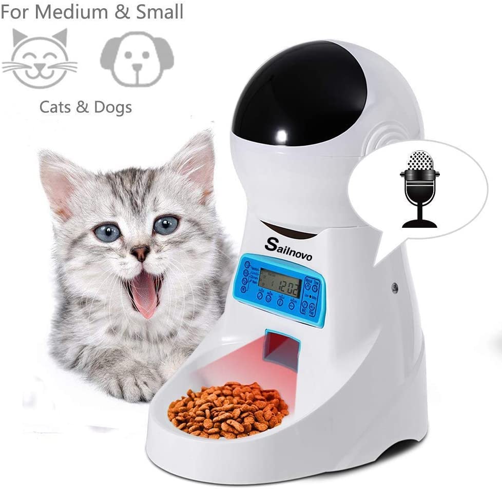  Sailnovo Dispensador Automático 4L de 4 Comidas Diarias para Mascotas Perros y Gatos, Comedero Automático con Grabación de Voz, Temporizador, Detección de Infrarrojos, Consumo de Energía Bajo 