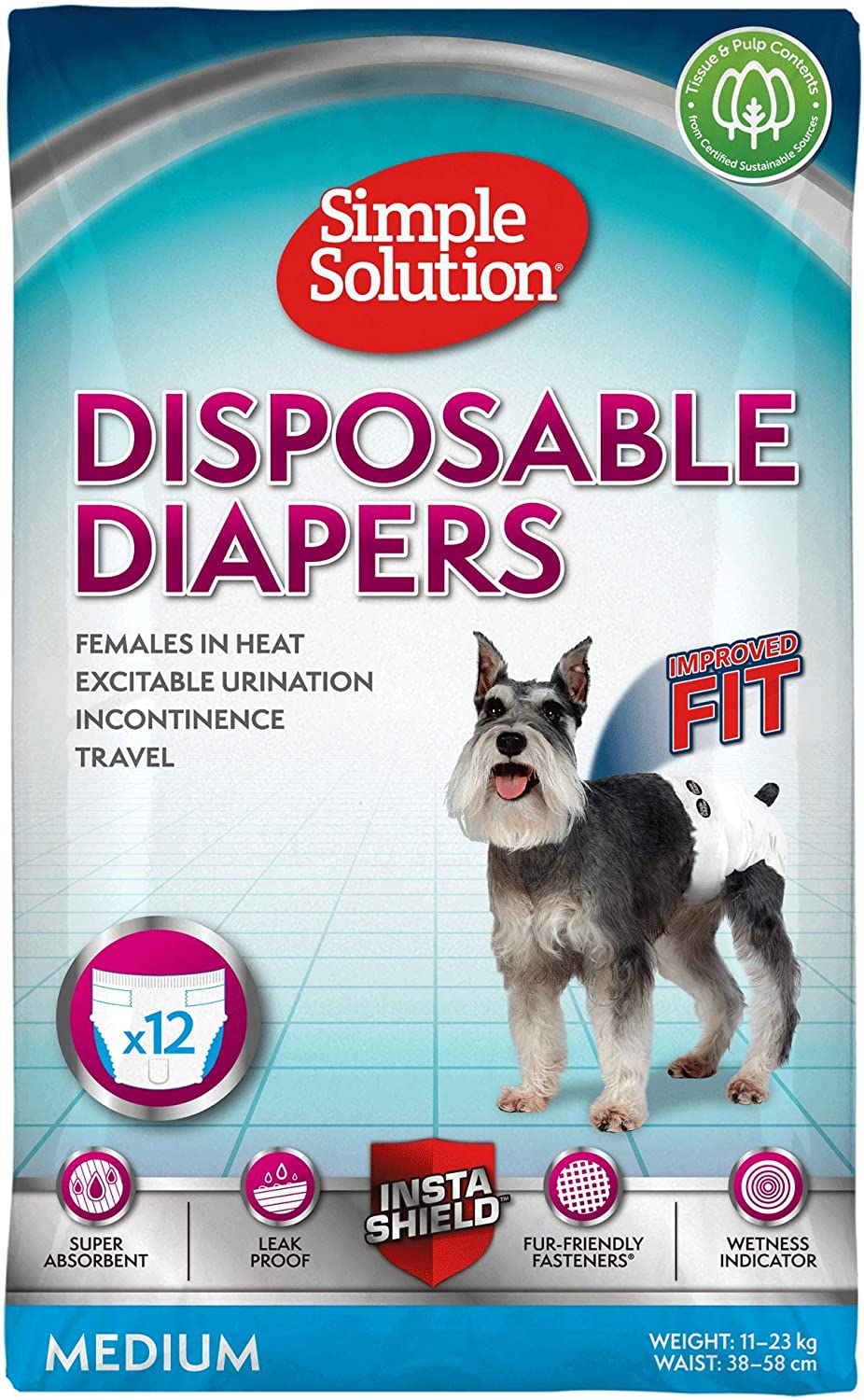  Simple Solution pañales desechables para perro hembra, mediano (Pack de 12) 