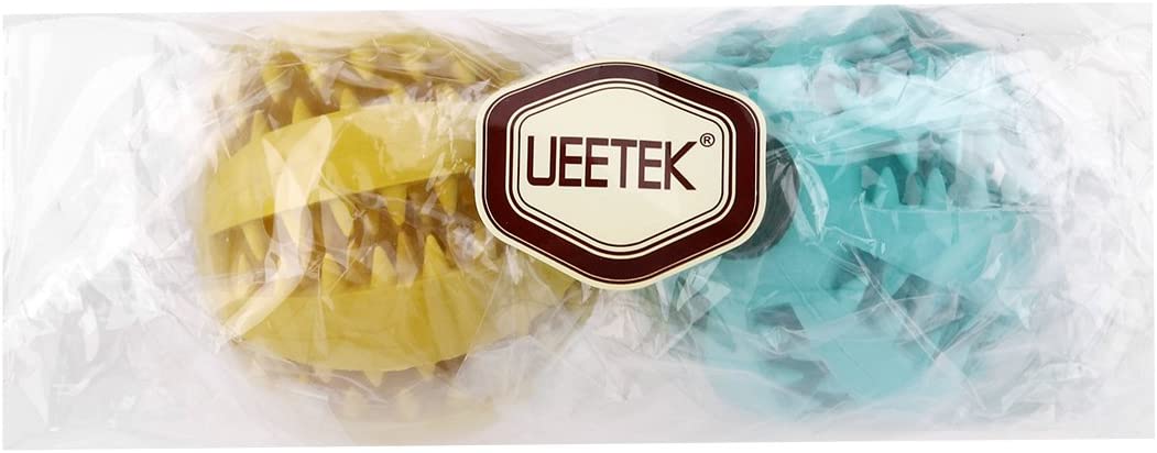  UEETEK 2pcs Juguete de goma masticar mascotas, Squeaker Squeeze Pet Ball juguetes, bola interactiva para mascotas perros masticar jugar Traning ejercicio, diámetro 7.1cm (amarillo + azul) 