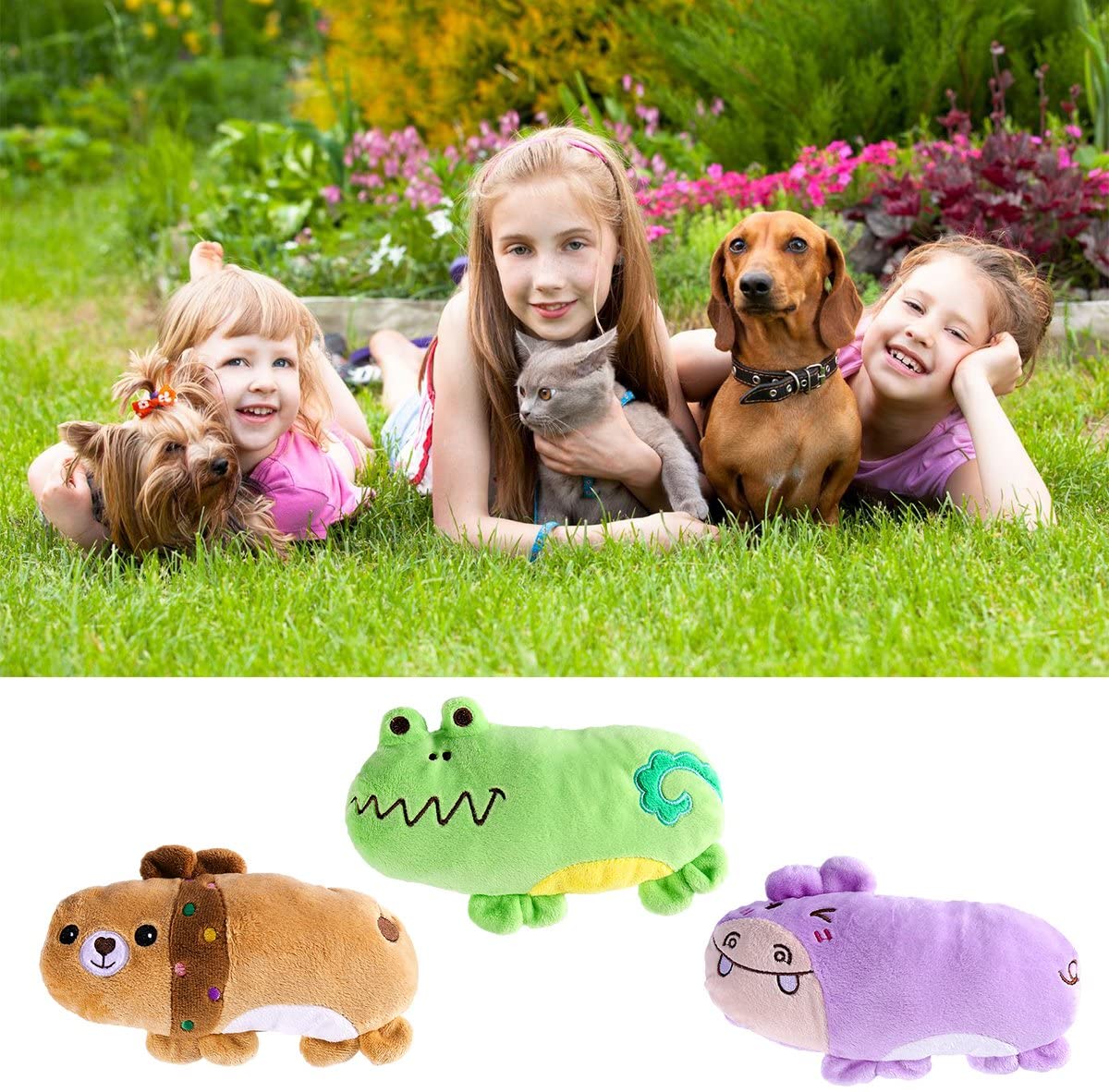  UEETEK Pack de 3 Squeaky Juguetes de Perros para Perros Cachorro, Oso Hipopótamo y Patrón de Rana Peluche Perros Chirrido Juguetes 