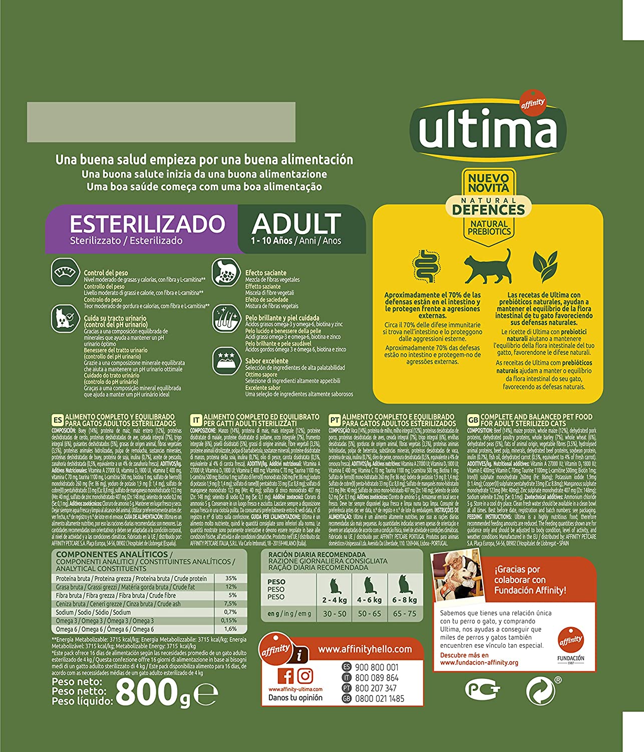  Ultima Pienso para Gatos Esterilizados con Buey - 800 gr 