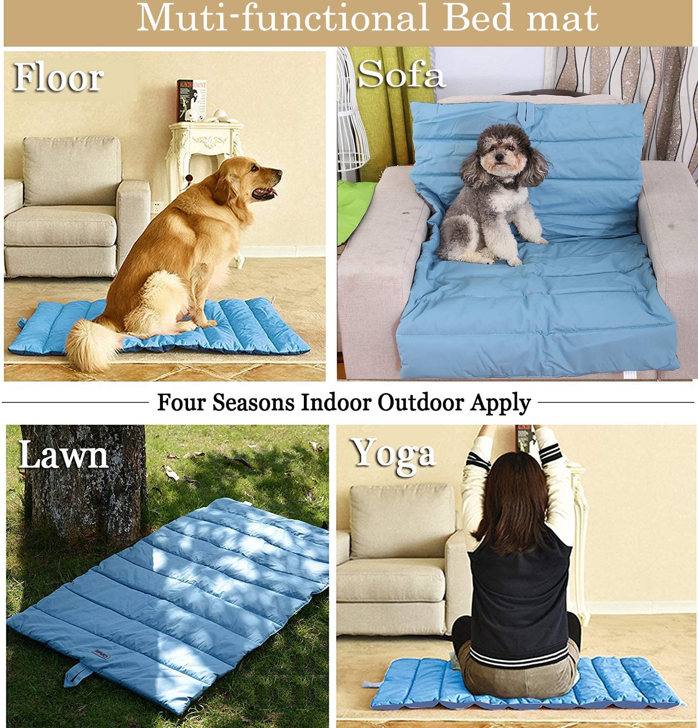  YGJT Cama para Perros Grande/Mediana Estera Portátil para Perros Impermeable Manta de Picnic Familiar Multifuncional 110x68cm Cojín para Uso Interior y Exterior con Cepillo para Perros/Gatos(Azul) 