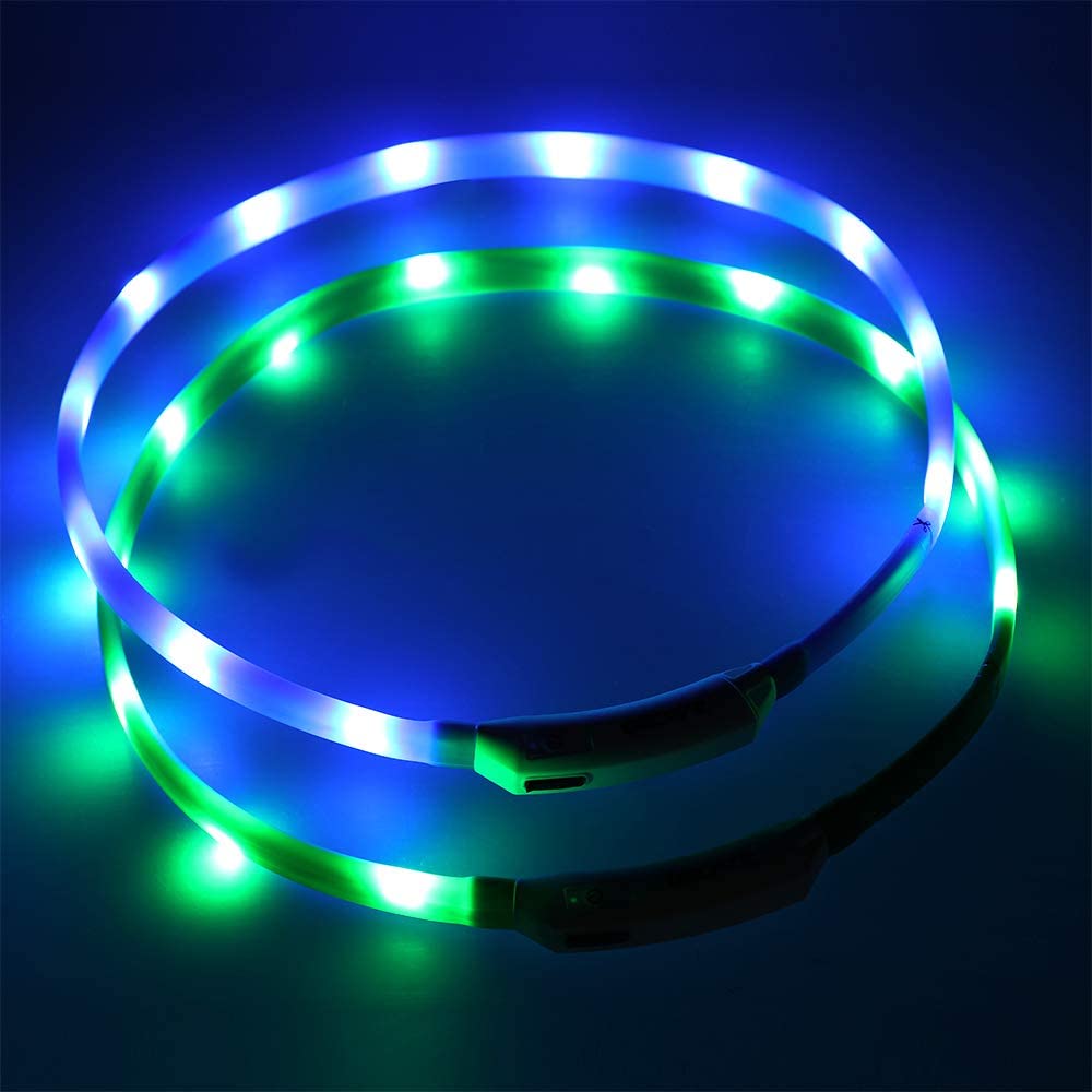  Zacro 2Pcs Collar Perro Luz-Collar Perro LED Brillantes, USB Recargable Collar Perro Seguro para Mascotas, 3 Modos de LED Perro Collar Brillantes y Longitud Ajustable para Perros(Verde y Azul) 