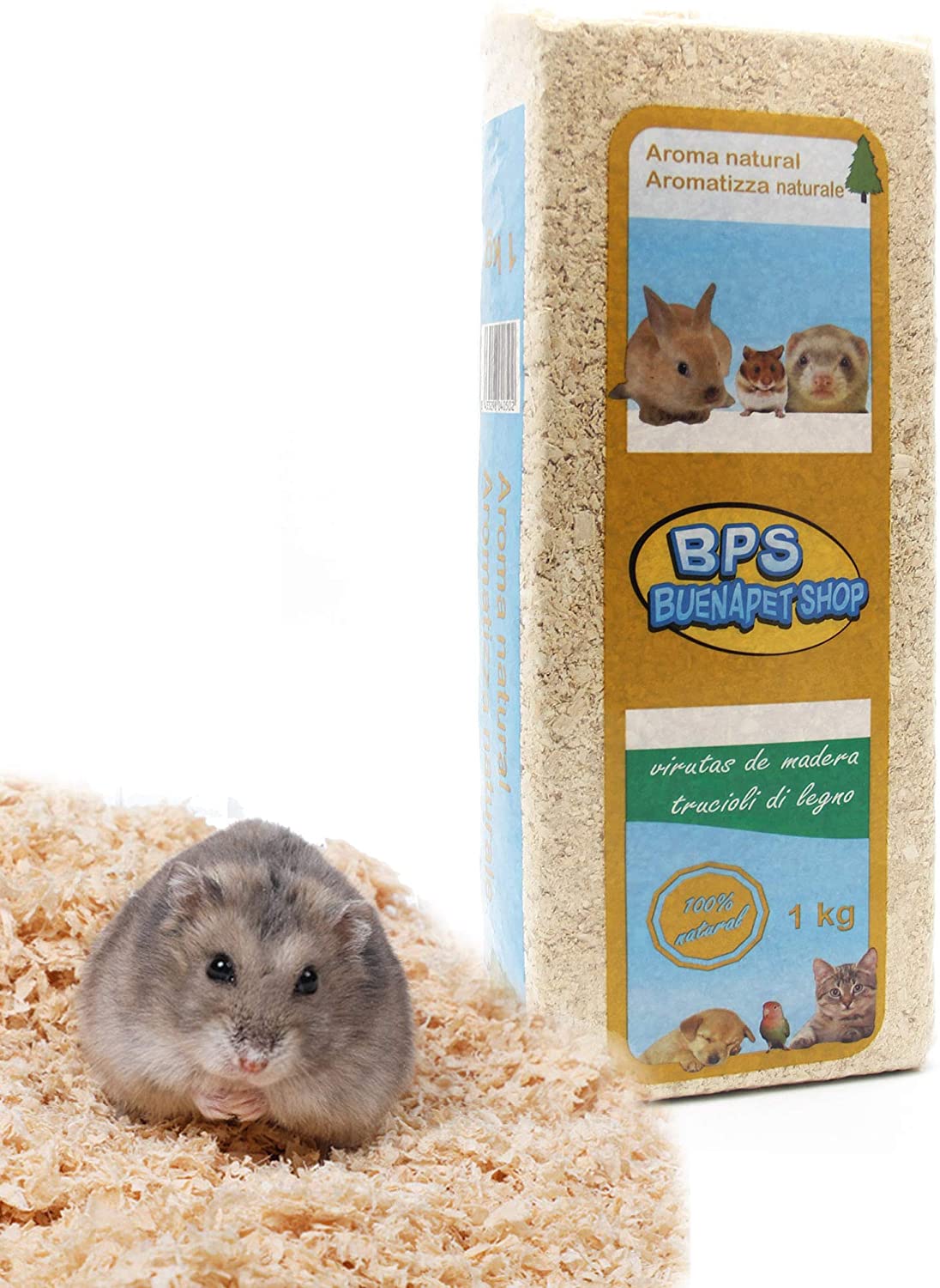  BPS Virutas de Madera Lecho Higienico para Mascotas Serrín para Gato Animales Pequeños Hámster Conejo Loro Ardilla Erizo Diferent Pack (1 Kg, Aroma Natural) BPS-4050 