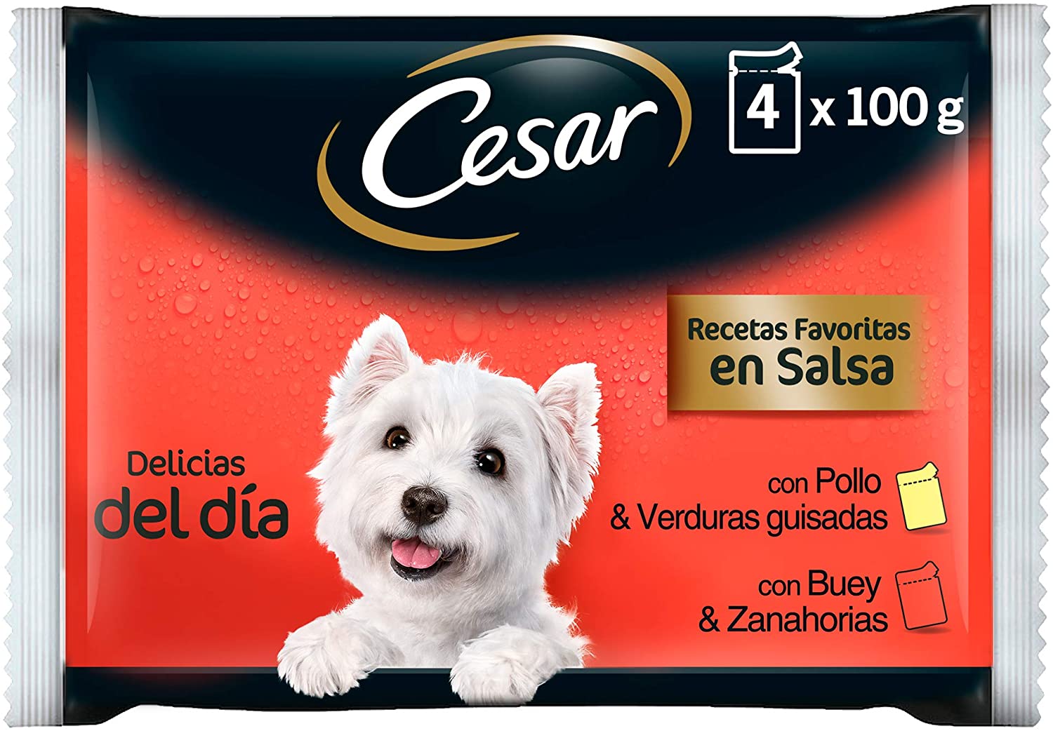  Cesar Multipack de 4 bolsitas de carnes mixtas para perro de 100g selección en salsa (Pack de 13) 