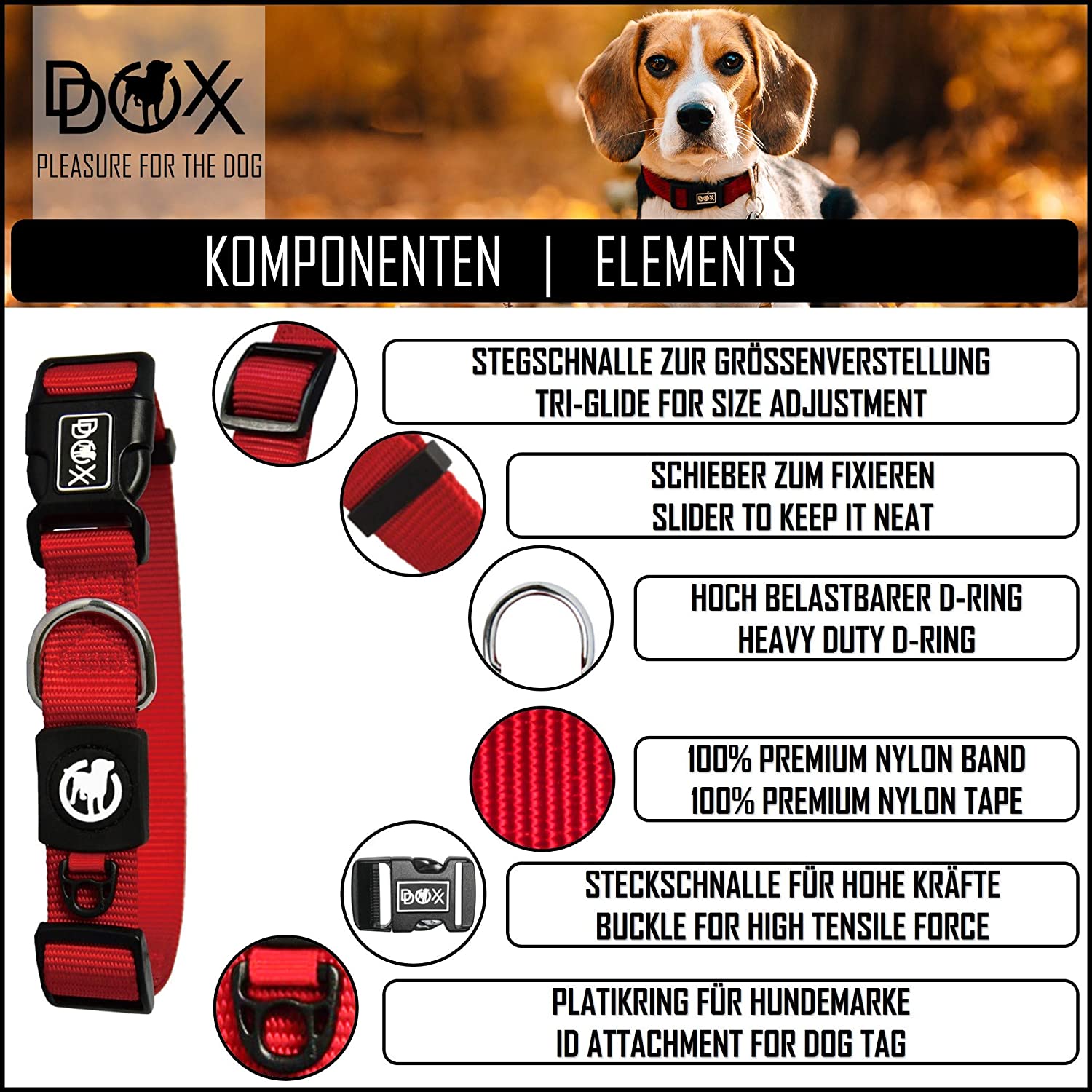  DDOXX Collar Perro Nylon, Ajustable | Diferentes Colores & Tamaños | para Perros Pequeño, Mediano y Grande | Collares Accesorios Gato Cachorro | Rojo, XS 