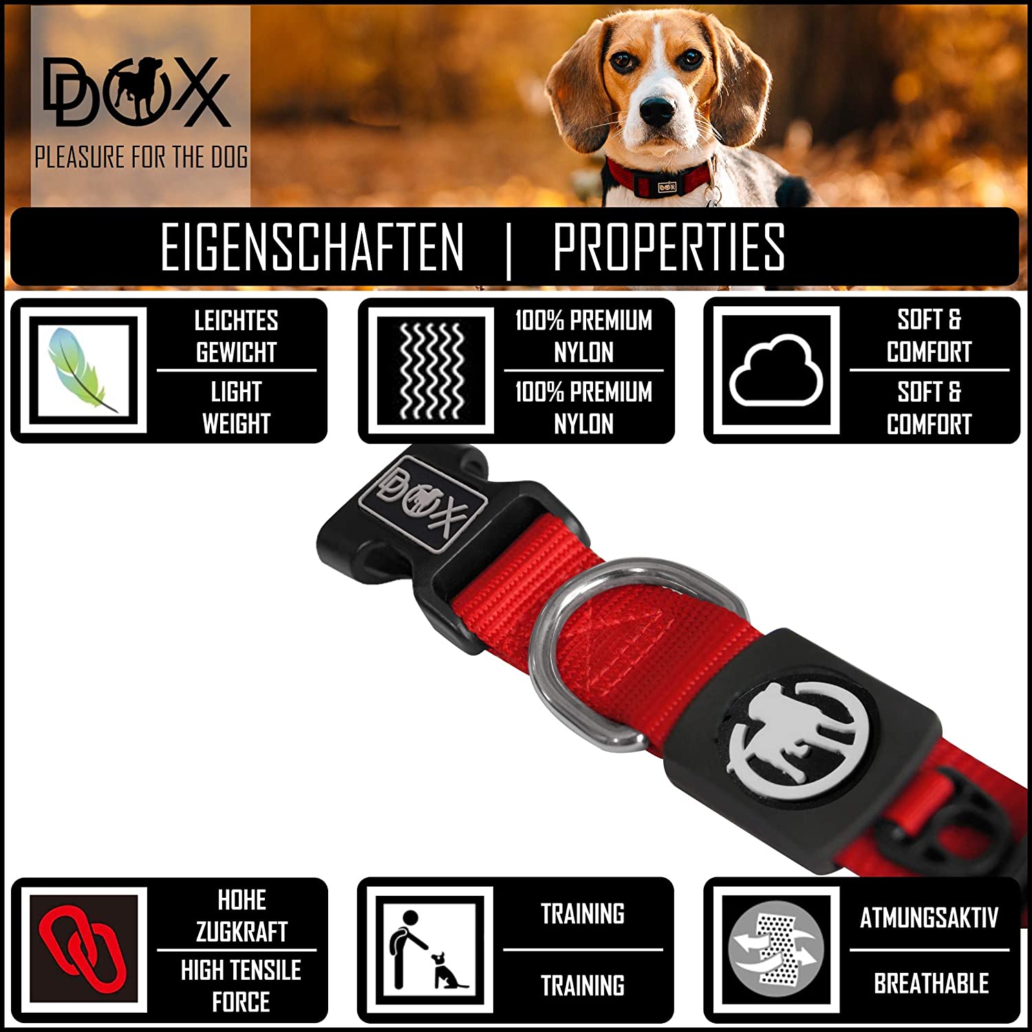  DDOXX Collar Perro Nylon, Ajustable | Diferentes Colores & Tamaños | para Perros Pequeño, Mediano y Grande | Collares Accesorios Gato Cachorro | Rojo, XS 