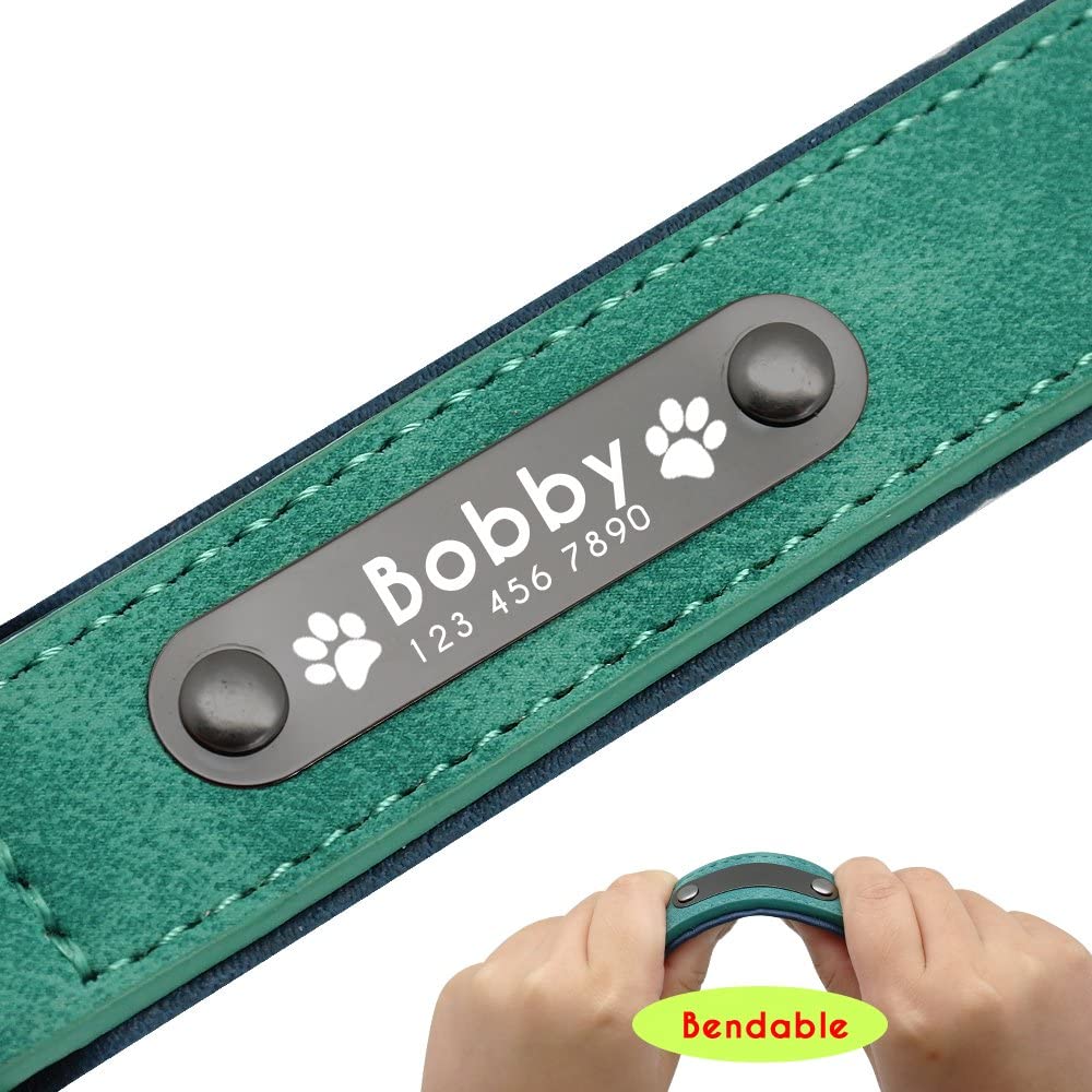  Didog - Collar de piel suave acolchada personalizable para perro, chapa de nombre, anillo en D, collar grabado para perro, tamaños pequeño, mediano y grande 