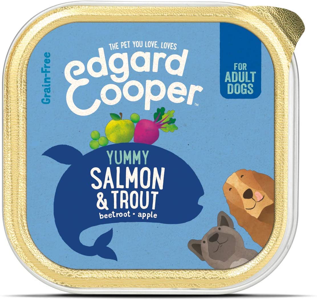  Edgard & Cooper comida humeda perros adultos sin cereales, natural con salmón y trucha. Alimentación balanceada con Omega 3 para un pelaje suave y brillante Carne 100% fresca en paté. Pack de 11x150gr 