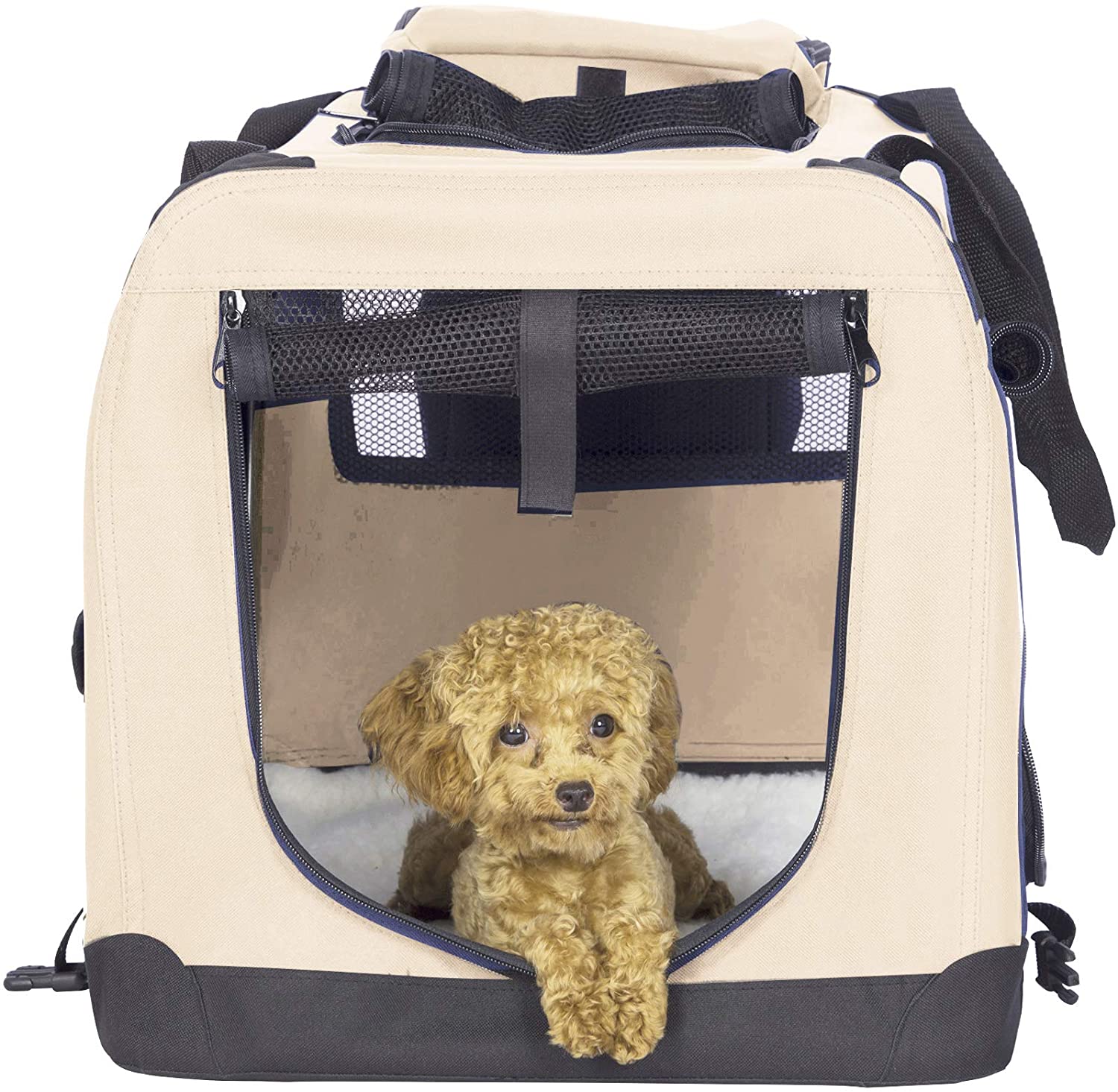  EUGAD Bolsa de Transporte para Mascotas Transportín de Mascotas Perros Gato Plegable para Coche Viaje Avion con Cojín Acolchada, M/60x42x42 cm Beige 0110HT 