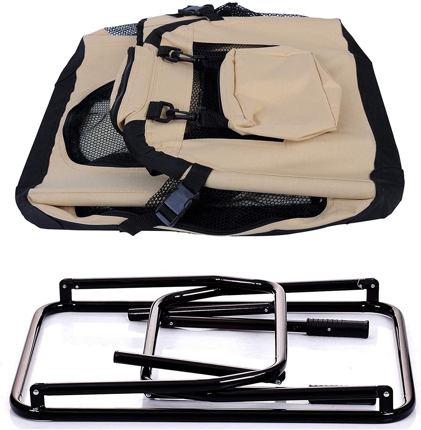  EUGAD Bolsa de Transporte para Mascotas Transportín de Mascotas Perros Gato Plegable para Coche Viaje Avion con Cojín Acolchada, M/60x42x42 cm Beige 0110HT 