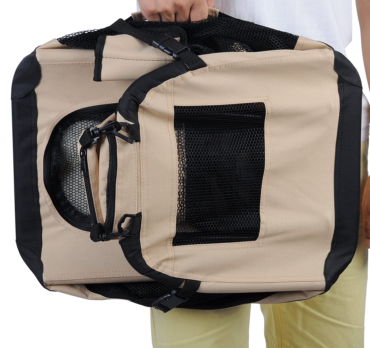  EUGAD Bolsa de Transporte para Mascotas Transportín de Mascotas Perros Gato Plegable para Coche Viaje Avion con Cojín Acolchada, M/60x42x42 cm Beige 0110HT 