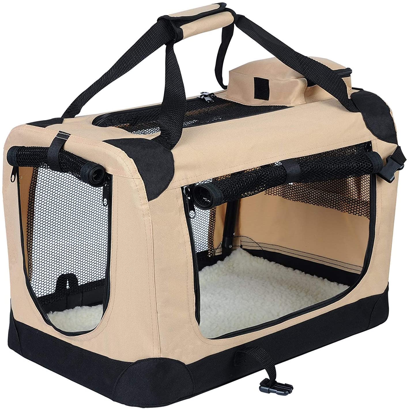  EUGAD Bolsa de Transporte para Mascotas Transportín de Mascotas Perros Gato Plegable para Coche Viaje Avion con Cojín Acolchada, M/60x42x42 cm Beige 0110HT 