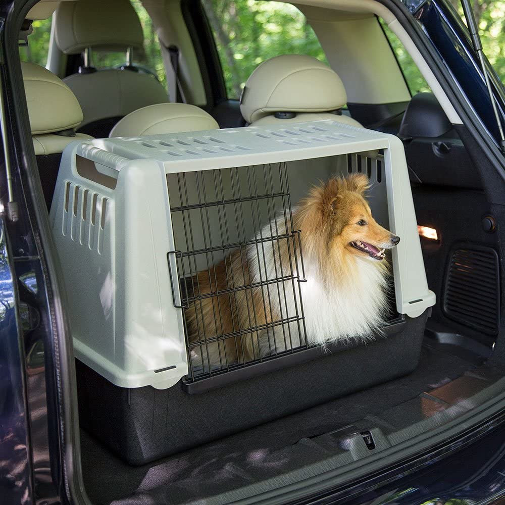  Ferplast Atlas Car 100 – Minitransportín de Mascotas para Coche, Caja de plástico para Perros y Gatos, con una práctica Puerta corredera bidireccional y Compartimento para Accesorios 