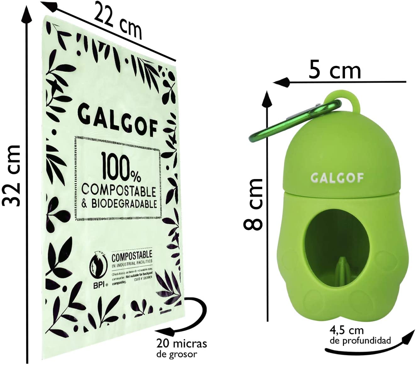  GALGOF Bolsas de Basura higiénicas y biodegradables para Perro + Dispensador. 10 Rollos perfumados, compostables y ecológicos para residuos y excrementos de Mascotas (180 uds) 