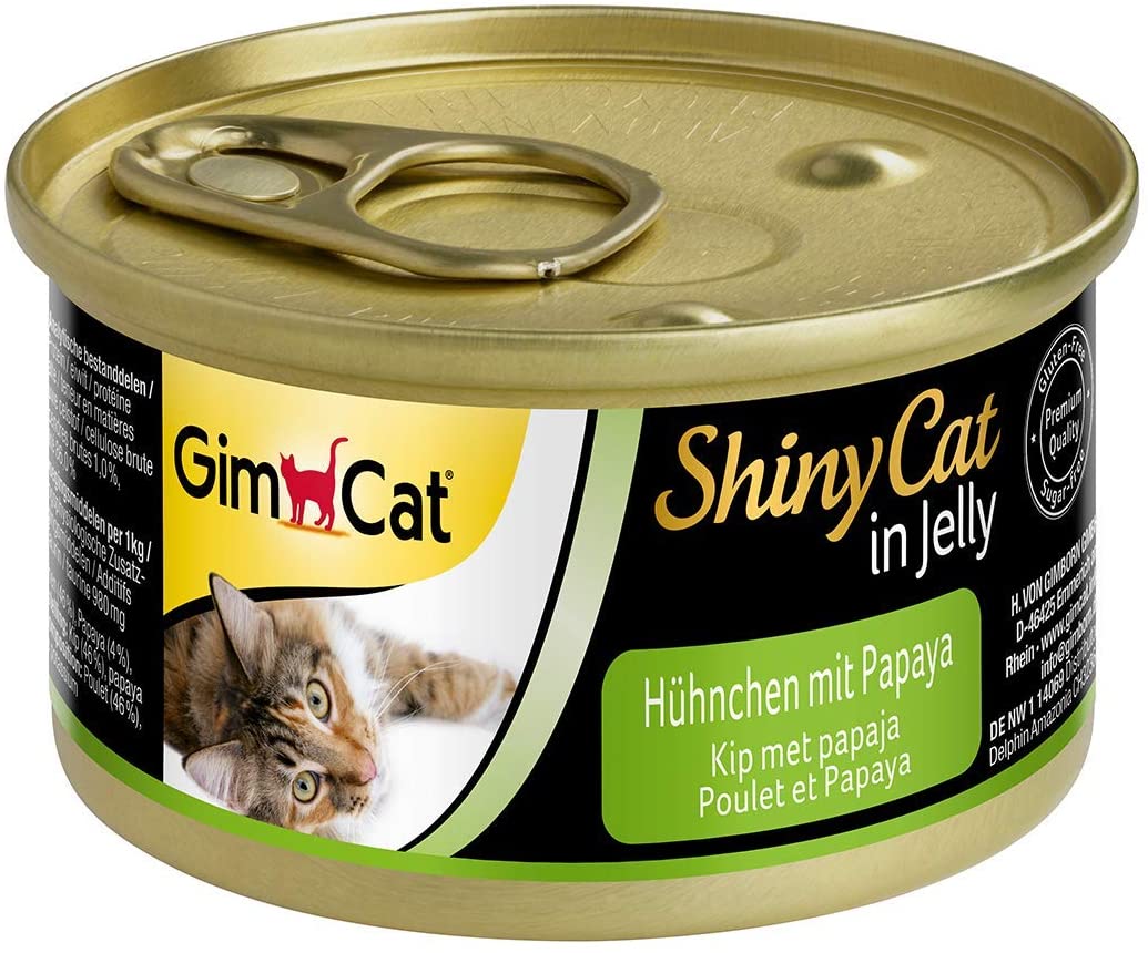  GimCat ShinyCat in Jelly – Comida para gatos con ave en gelatina para gatos adultos – Pollo con cangrejo – 24 latas (24 x 70 g) 