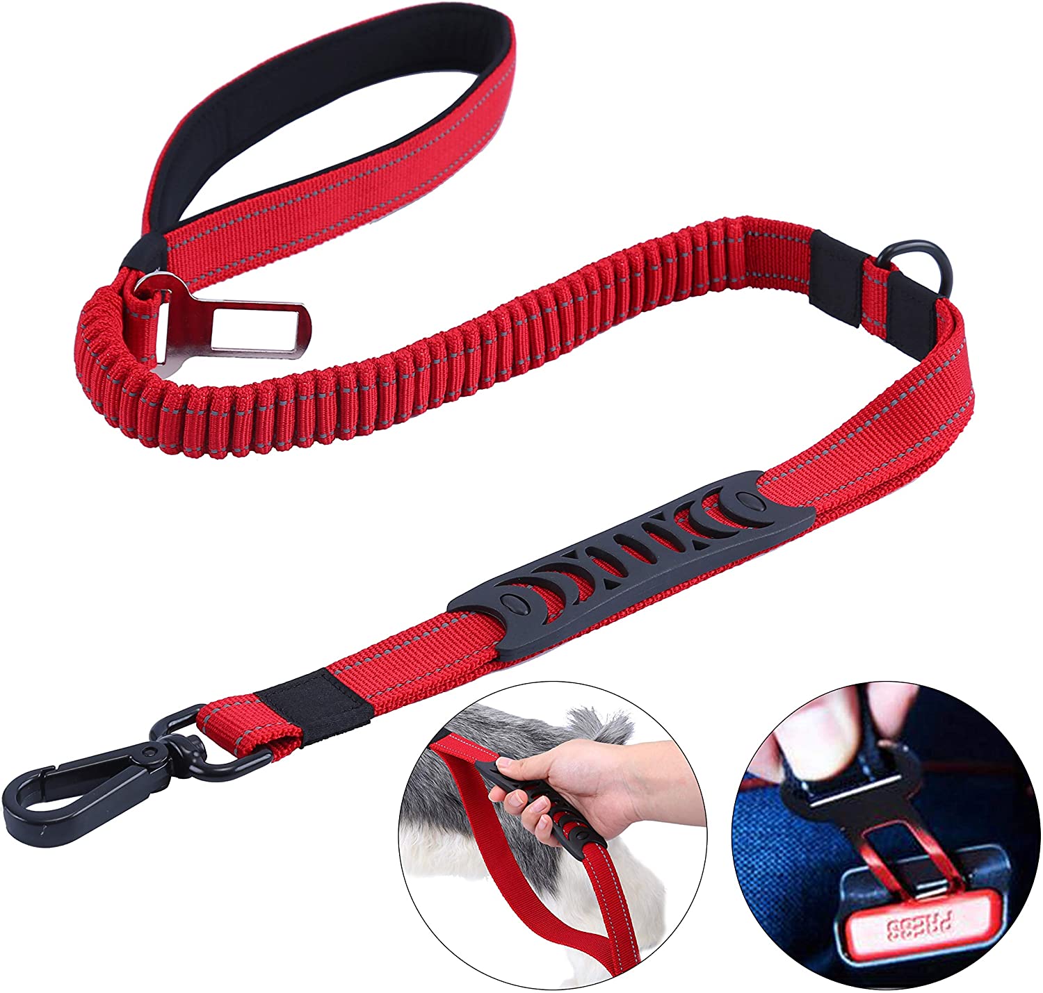  HAPPY HACHI Correas de Adiestramiento para Perros Nylon Correa Reflectantes Elástica para Perros Medianos Grandes con 2 Manijas Blandas Cinturón de Seguridad para Perros (Longitud 110-150 cm, Rojo) 