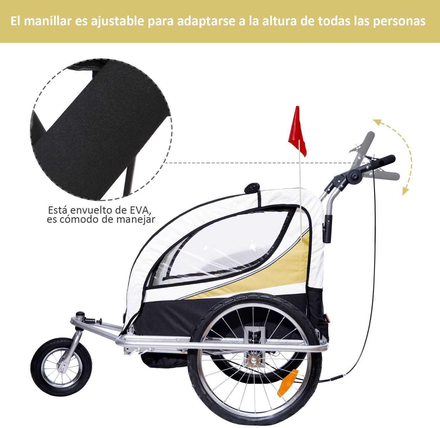  HOMCOM Remolque para Bicicleta tipo Carro con Barra de Paseo para Niños de 2 Plazas con Rueda Delantera Giratoria 360° y Asiento Acolchado Carga Máx. 40kg 