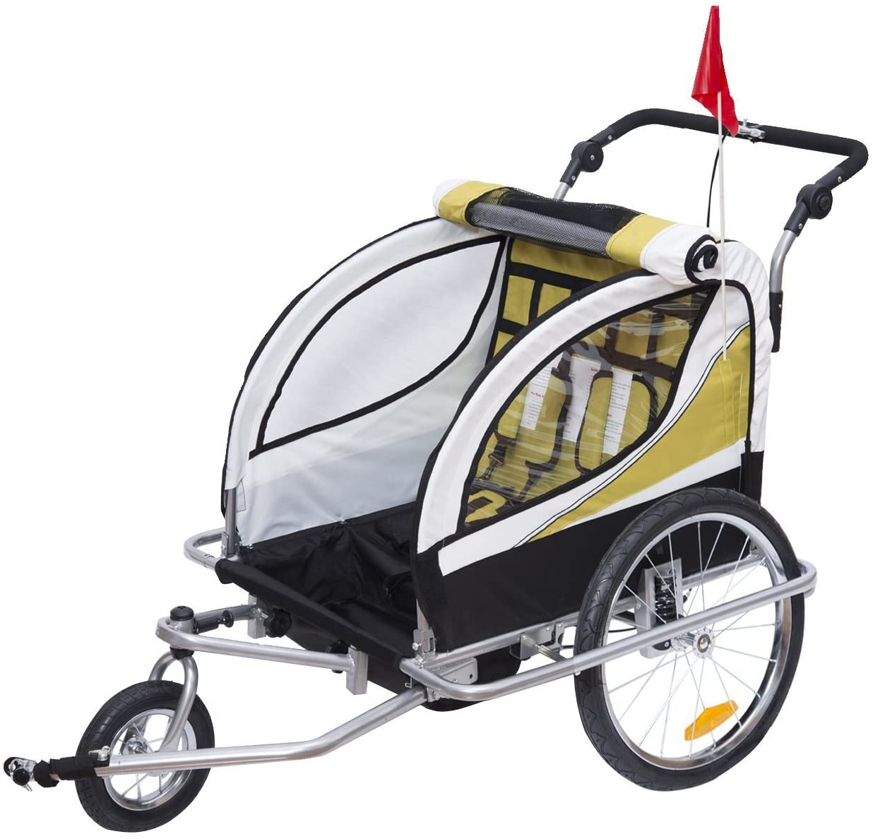  HOMCOM Remolque para Bicicleta tipo Carro con Barra de Paseo para Niños de 2 Plazas con Rueda Delantera Giratoria 360° y Asiento Acolchado Carga Máx. 40kg 