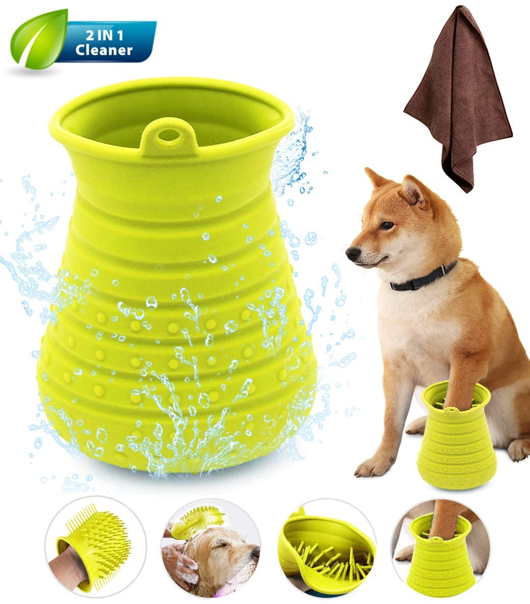  Idepet Limpiador de Huellas para Perros,Perros Lavadora Portatil,Cepillo De Limpieza para Mascotas con Toalla Pet Paw Cleaner para Perros Gatos Masaje Aseo Sucio Garras Verde 