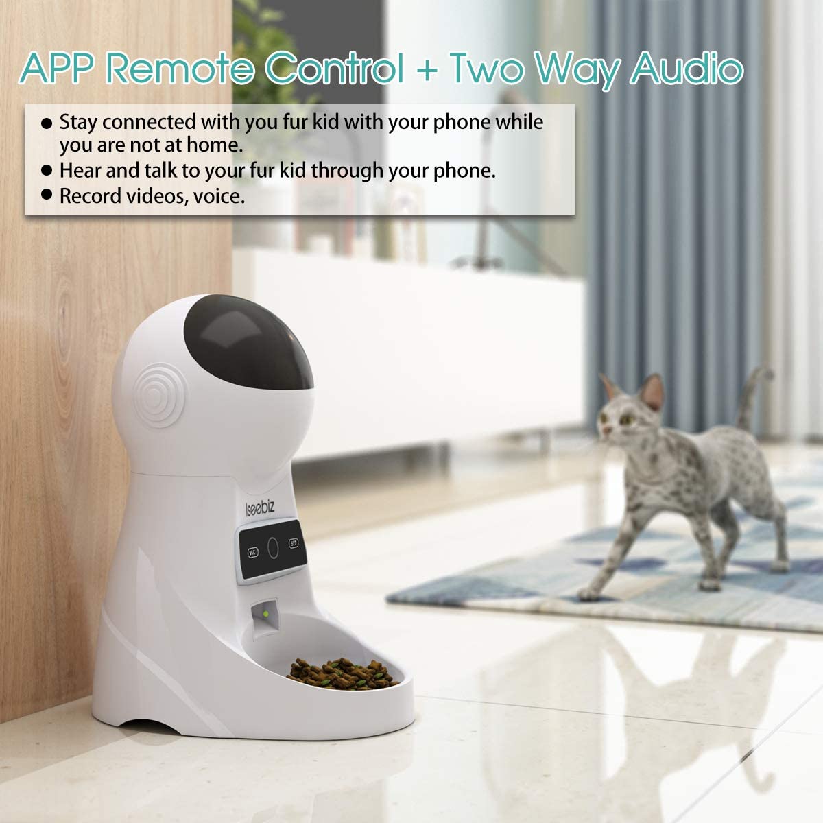  Iseebiz Comedero Automático Gatos/Perros Dispensador de Comida WiFi con App Control Recordatorio por Voz, 3litros 