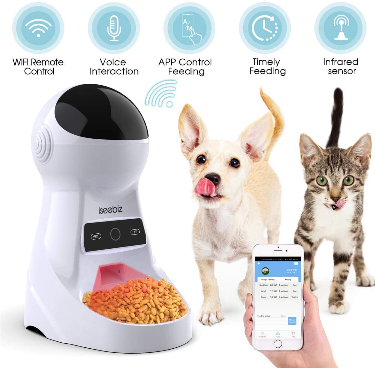  Iseebiz Comedero Automático Gatos/Perros Dispensador de Comida WiFi con App Control Recordatorio por Voz, 3litros 