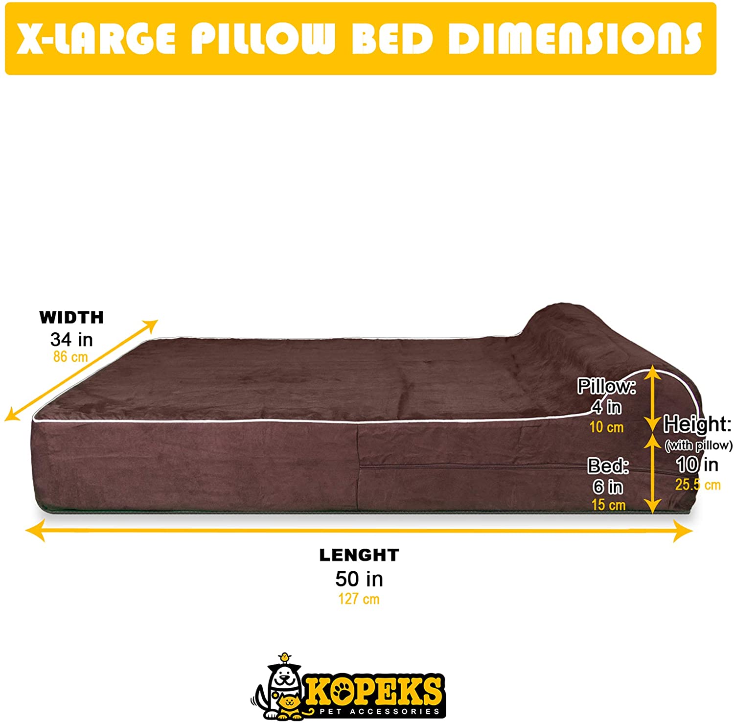  KOPEKS Cama Extra Grande para Perros Mascotas con Memoria Viscoelástica Ortopédico 127 x 85 x 18 cm más la almohada - XL - Marrón 