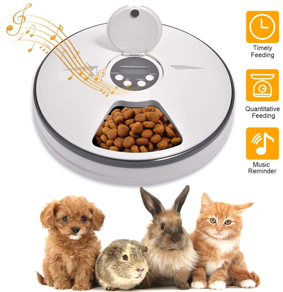  Lacyie Comedero Automático para Perros y Gatos, Dispensador de Comida automático con Temporizador, 6 * 128ml dispensador de Alimentos Secos y húmedos para Perros, Gatos, Conejos y Mascotas Pequeñas 