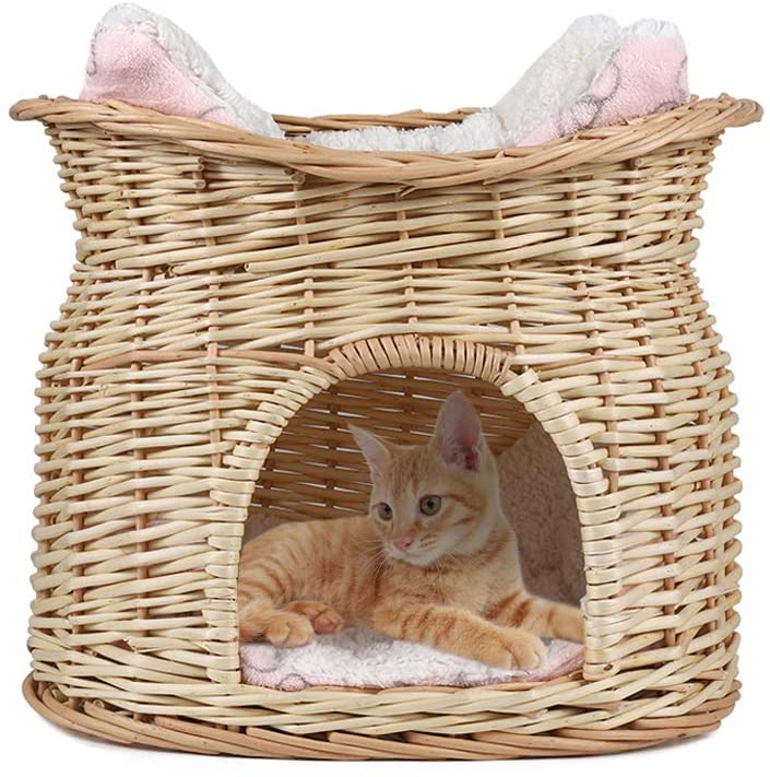  LOSY PET Cama de Mimbre para Gatos Cesta de 2 Niveles para Mascotas Perros Gatos con 2 Cojines Suaves Color Beige 