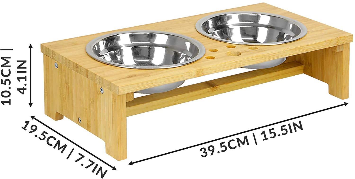  Maison & White Cuencos dobles para mascotas | Perro / Gato 2 en 1 Comida y agua Cuencos de metal | Alimentador de pie de bambú elevado (Pequeño) 