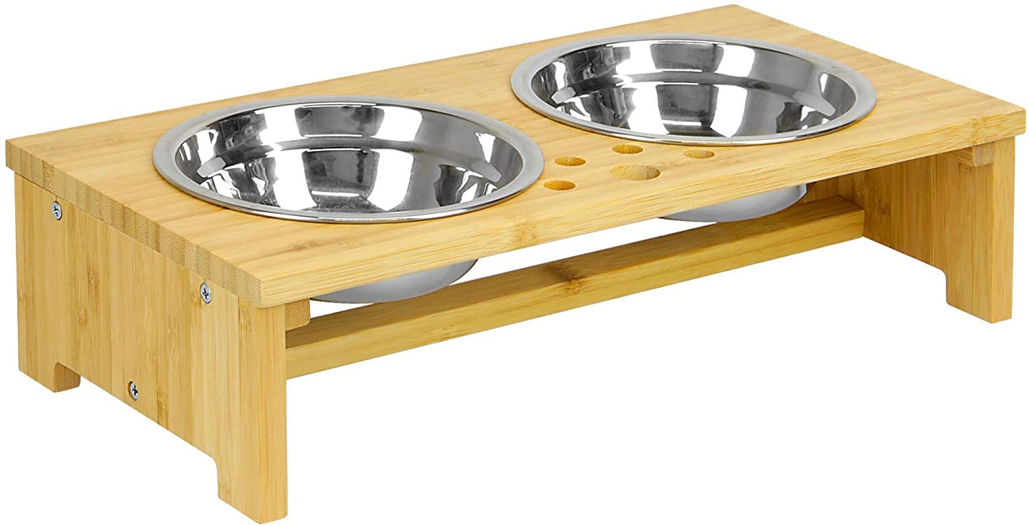  Maison & White Cuencos dobles para mascotas | Perro / Gato 2 en 1 Comida y agua Cuencos de metal | Alimentador de pie de bambú elevado (Pequeño) 