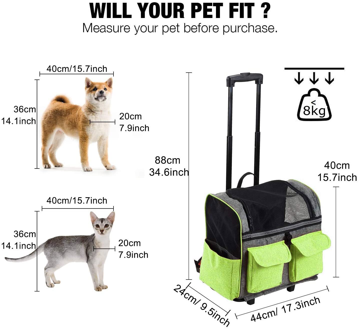  Maxmer Transportín Perro Carrito de Mascotas Capazo Perro Mochila Gatos para Línea Aérea, Color Verde 