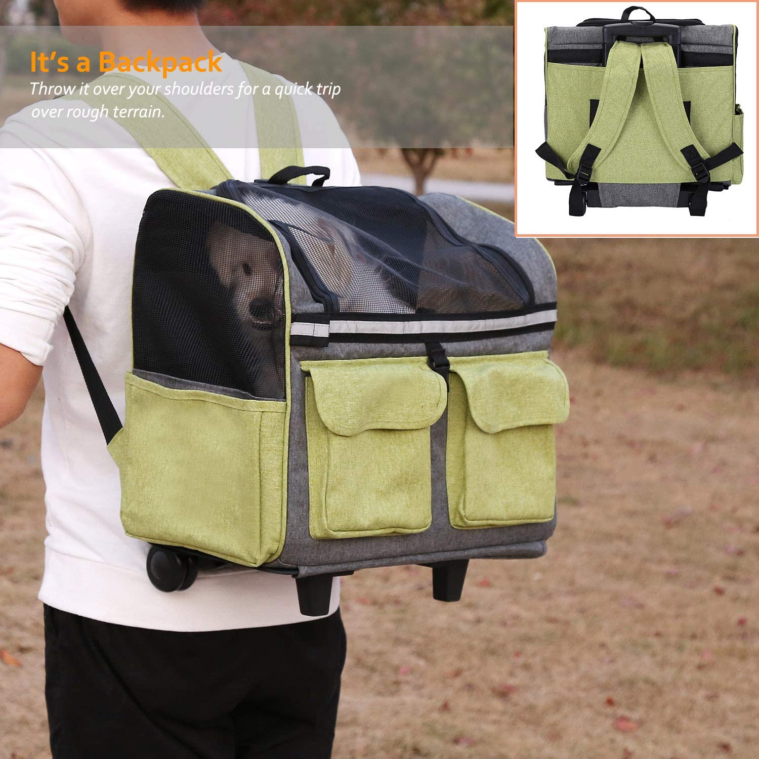  Maxmer Transportín Perro Carrito de Mascotas Capazo Perro Mochila Gatos para Línea Aérea, Color Verde 